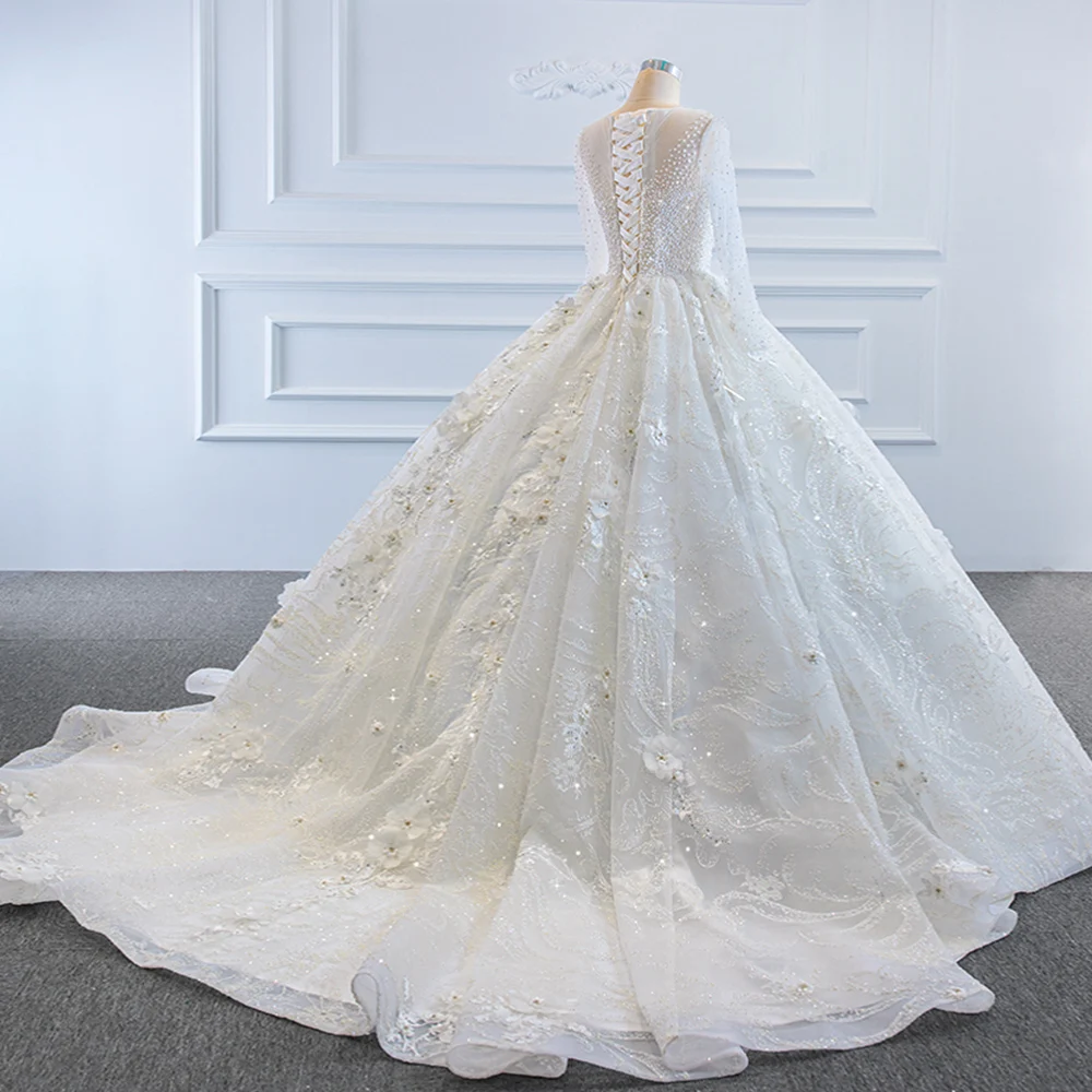 O-צוואר שרוול ארוך מלא חרוזים קריסטל, נצנצים גוף 3D פרחים חצאית מבריק מהמם שמלת נשף שמלת החתונה Vestido De Noiva - 2
