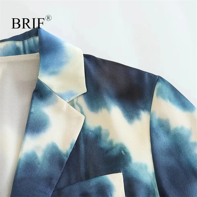 BRIF נשים אופנה כחול סאטן מודפס בלייזר עם דש צווארון עם שרוולים ארוכים דש כיסים כפתור בחזית הג ' קט ליידי משרד המעיל - 2