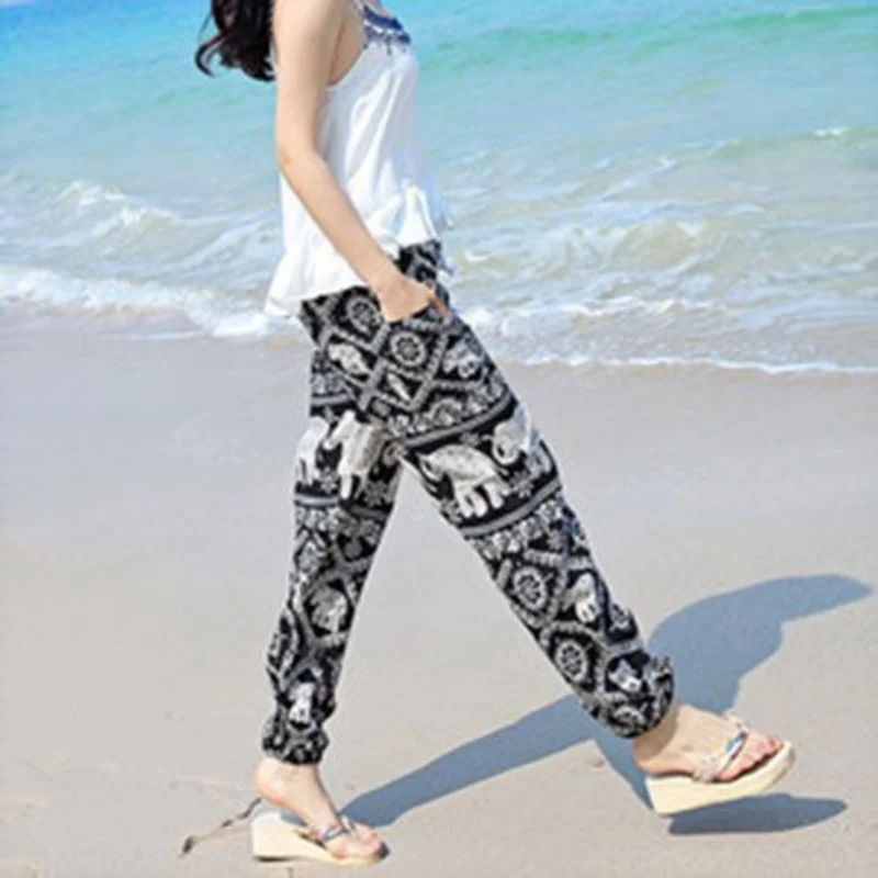 כותנה משי חוף מכנסיים נשים אתני תאילנדי מלאכותי כותנה חופשה מכנסיים רפויים הארון המכנסיים פנס מכנסיים פרח מכנסיים נקבה - 2