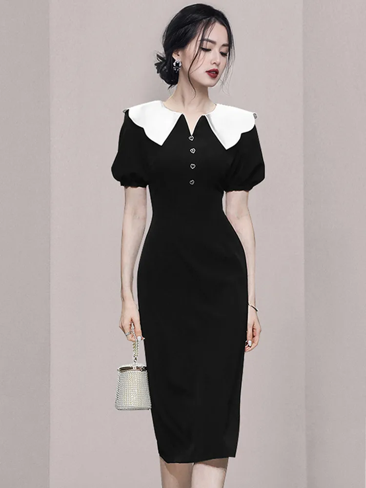 אופנה חדשה לנשים מזג בציר פנס שרוול קצר שמלת קיץ גבירותיי מותניים צרים אמצע אורך השמלה השחורה Vestidos - 2