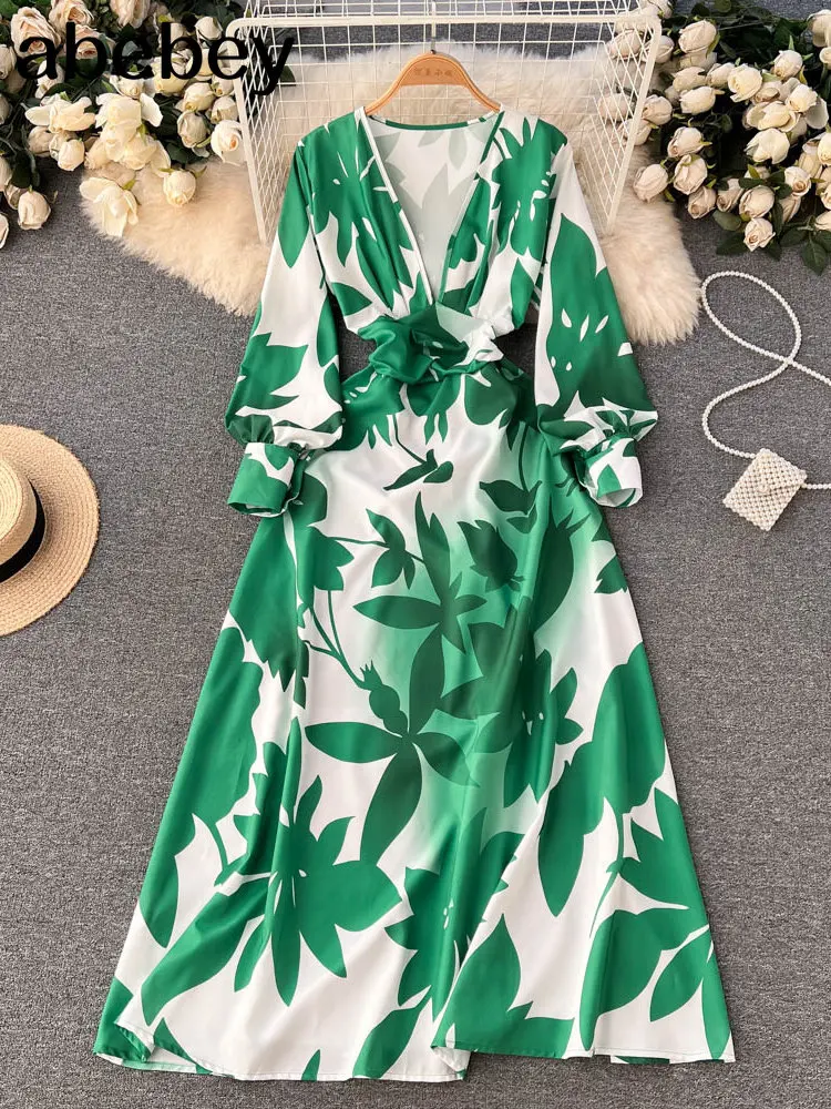בציר כפתור הדפס פרחוני V צוואר ארוך שמלת מסיבת הקיץ מקסי שמלה ארוכה נשים אלגנטי טוניקה לפצל את שמלת החוף - 2