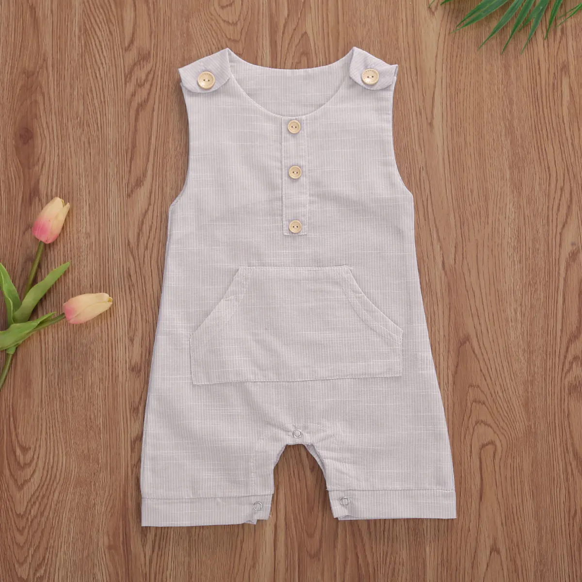 2020 התינוק קיץ בגדי התינוק הנולד בנים כפתורים פסים רומפר אופנה שרוולים רומפר כותנה פשתן סרבל - 2