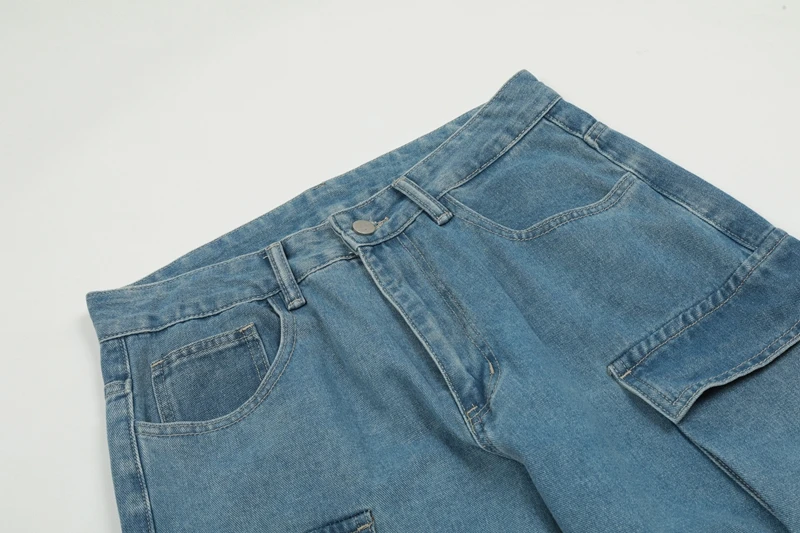 צבע מוצק שטף כחול ג ' ינס מכנסי גברים Harajuku נשים באגי אופנת רחוב כיסים במצוקה דנים מטען המכנסיים מכנסיים גדולים - 2