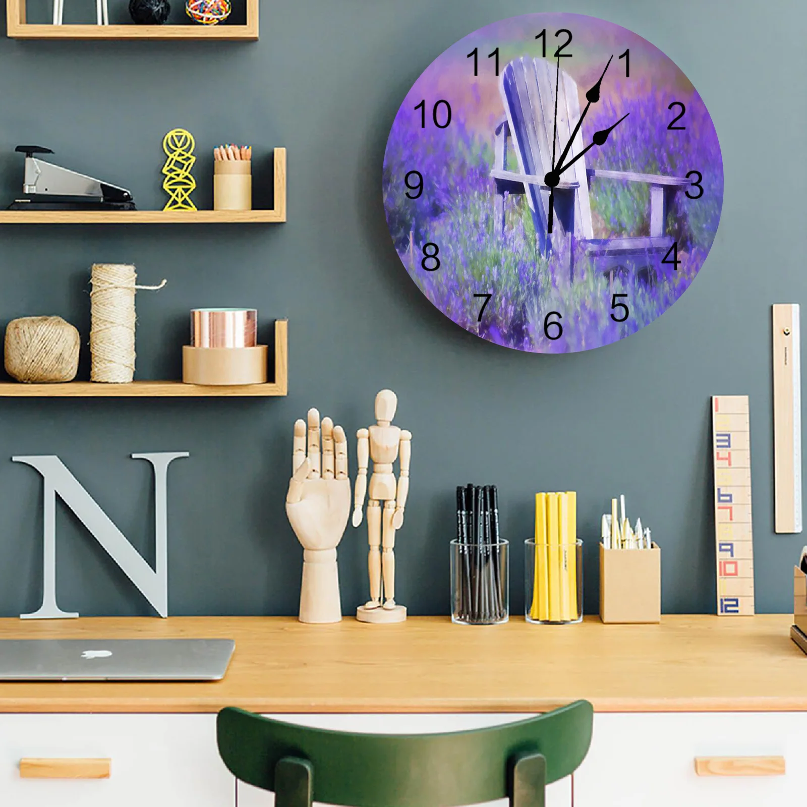 סגול לבנדר שדה פרחים הכיסא PVC שעון קיר בעיצוב מודרני בסלון קישוט קיר שעון הביתה Decore קיר שעון דיגיטלי - 2