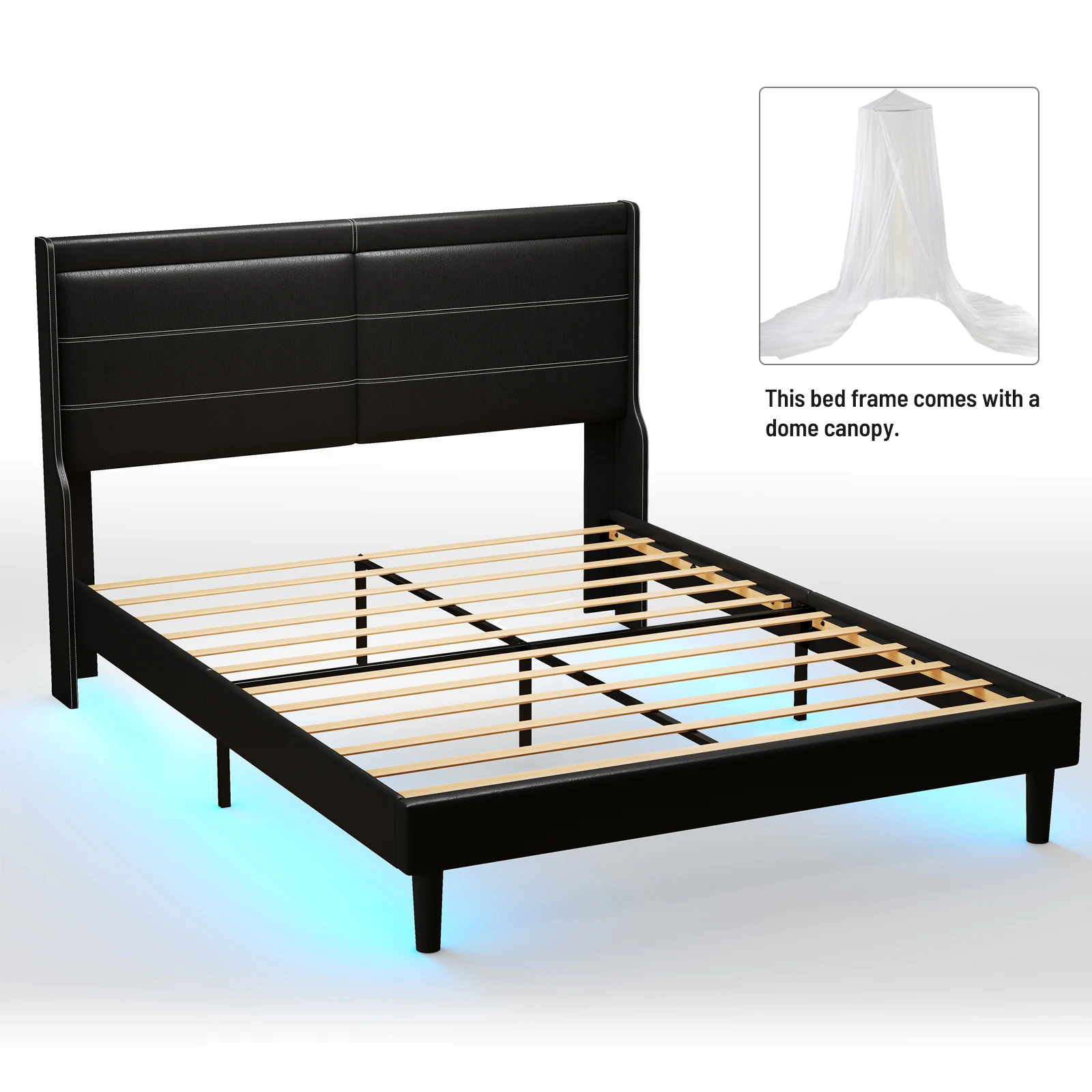 מסוגנן בגודל קווין עור PU מיטה מרופדים מסגרת פלטפורמה לישון עם אורות תפור אגף מגובה המיטה חזקה לוחות העץ - 2