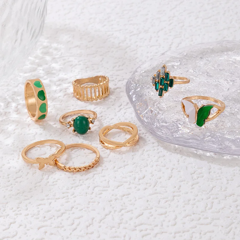 גיאומטריות ירוק אופל פרפר טבעת אצבע להגדיר 8pcs צבע זהב 2023 אופנתי תכשיטים מתנה סגסוגת לב לחצות מפרק טבעות Anillo - 2