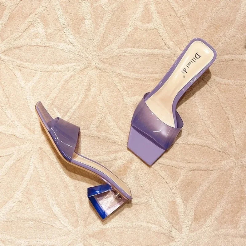 PVC באמצע עקבים נשים נעלי נעלי אופנה סנדלי 2023 הקיץ החדשה של מותג יוקרה עבה Slingbacks מסיבת כפכפים Mujer נעליים - 3