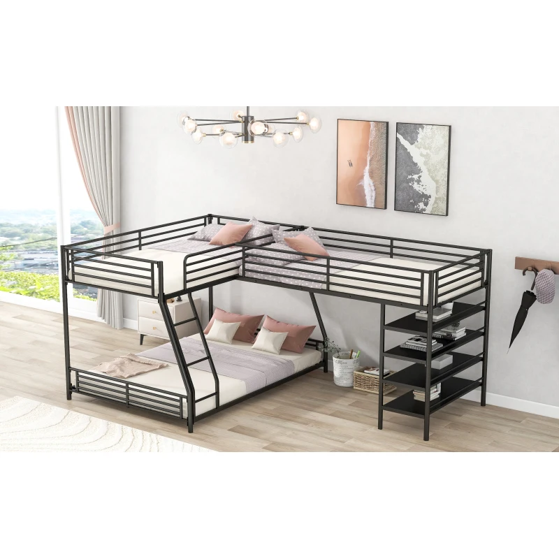 אל-מתכת בצורת תאום מלא על המיטה למיטה זוגית גודל מיטת קומותיים עם ארבעה מובנית המדפים,שחור - 3