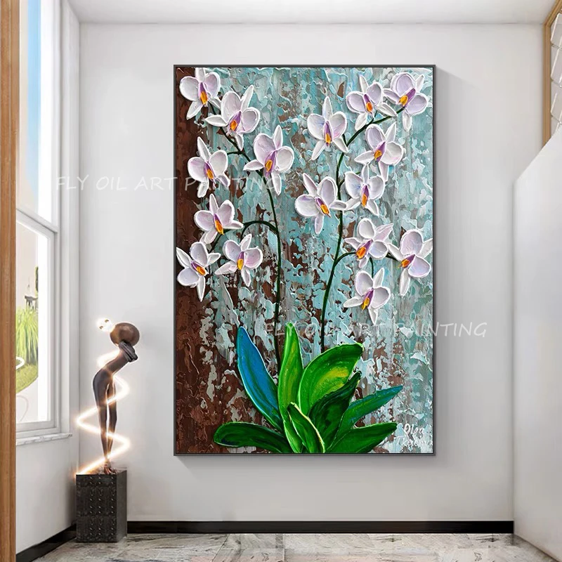 תקציר 100% צבוע ביד פרח לבן עבה סכין ירוק נוף ציורי שמן בד אמנות קיר קישוט חדר המתנה - 3
