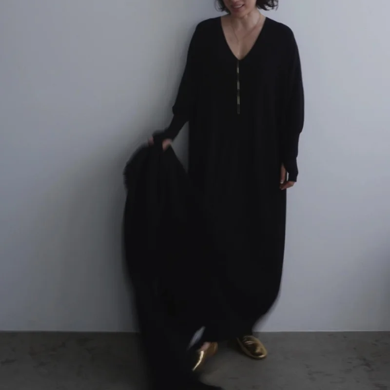 Kuzuwata יפן עצלן סגנון רך פשוט לסרוג את השמלה רופף זמן Vestidos דה Mujer אלגנטי צוואר V פנס שרוול מושך פאטאל החלוק - 3