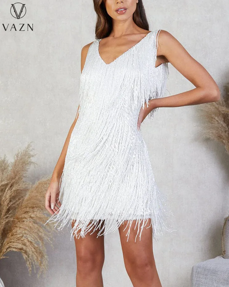 VAZN 2022 צבע טהור Mini שמלה קצרה חמה למכירה נשים סקסיות מועדון מסיבה בסגנון שמלה קצרה ללא שרוולים ציצית V עמוק השמלה - 3