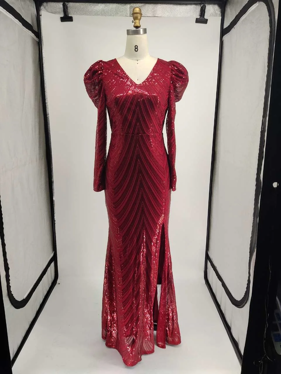 בתוספת גודל שמלות אלגנטיות ליידי שמלת מסיבת אופנה נוצצת. שמלת מקסי בורגנדי שרוול ארוך נשף שמלות ערב לנשים 2022 - 3