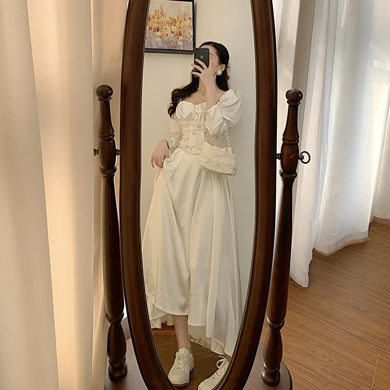 Hemu נישה צעיר אופנה קו חצאית נשים קוריאני בסגנון רטרו עיצוב פאף שרוול המותניים הרזיה אופנה שמלה - 3