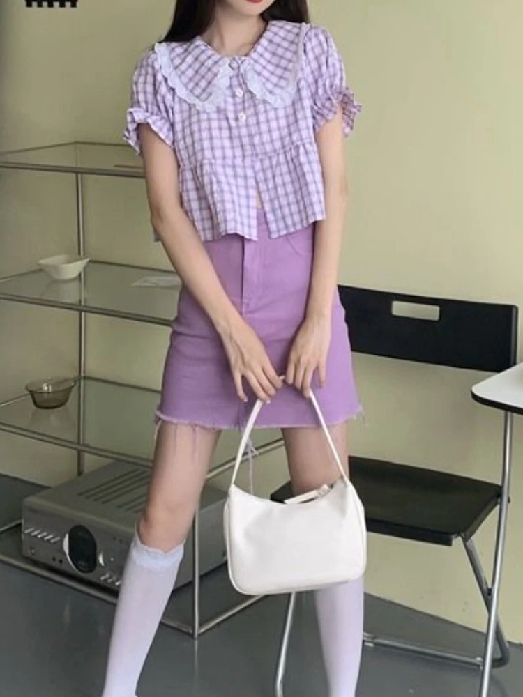 אלגנטי סגול משובץ יבול גג + צבע טהור מיני Skrits 2023 קיץ אופנה קוריאנית חליפות מתוק מזדמן 2 חתיכת השמלה להגדיר נשים - 3