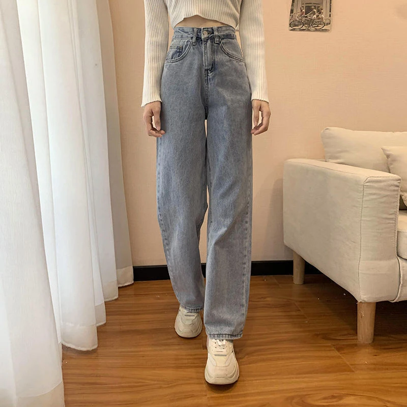 MEXZT נשים גבוהה המותניים שטף ג ' ינס קוריאני לבן מזדמן ישר מכנסיים אביב קיץ כל התאמה רחבה הרגל המכנסיים בציר חדש - 3