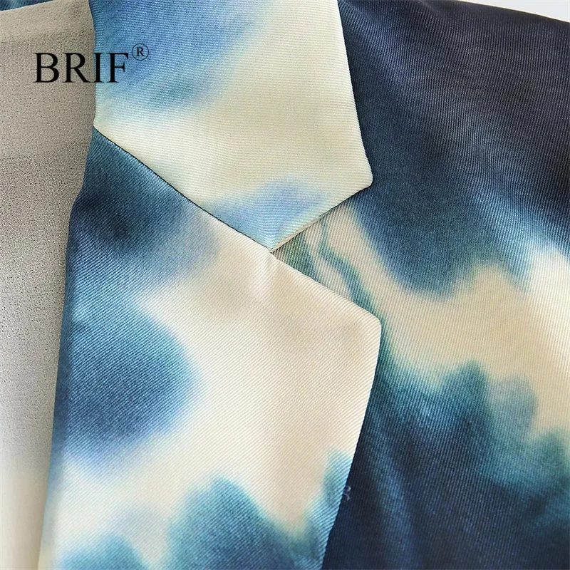 BRIF נשים אופנה כחול סאטן מודפס בלייזר עם דש צווארון עם שרוולים ארוכים דש כיסים כפתור בחזית הג ' קט ליידי משרד המעיל - 3
