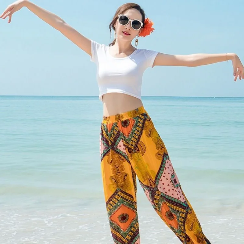 כותנה משי חוף מכנסיים נשים אתני תאילנדי מלאכותי כותנה חופשה מכנסיים רפויים הארון המכנסיים פנס מכנסיים פרח מכנסיים נקבה - 3