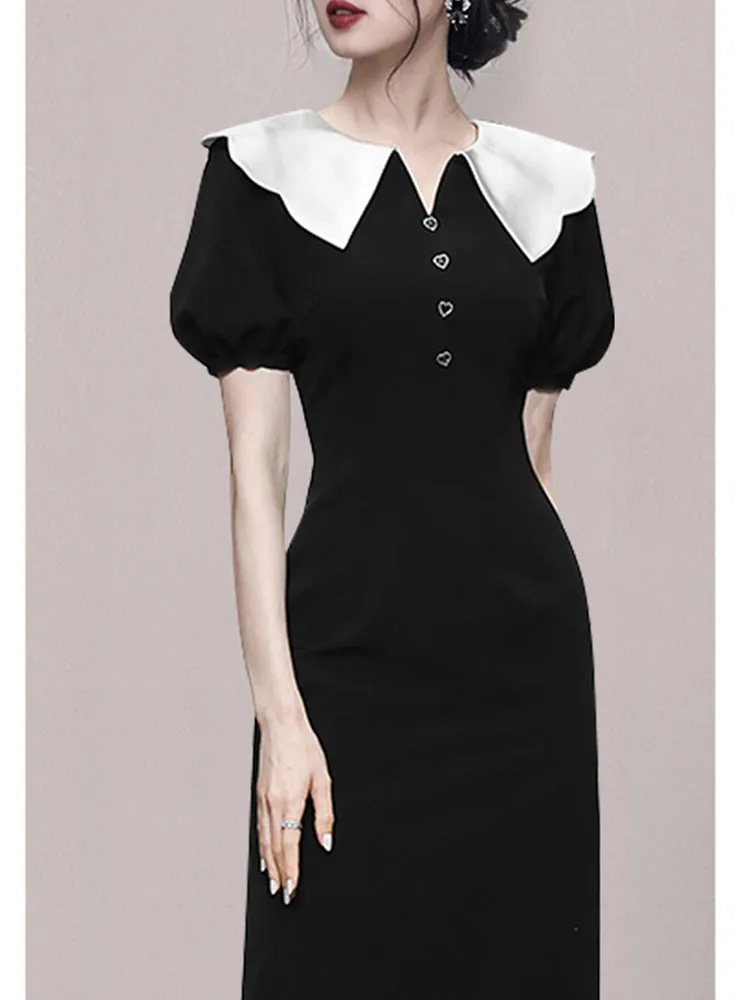 אופנה חדשה לנשים מזג בציר פנס שרוול קצר שמלת קיץ גבירותיי מותניים צרים אמצע אורך השמלה השחורה Vestidos - 3