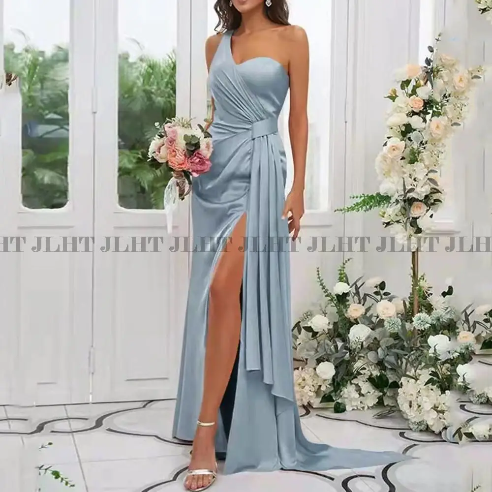 כתף אחת שמלות שושבינה ארוכה בתולת ים שמלות ערב סאטן שסף אורחים חתונה שמלות לנשים - 3