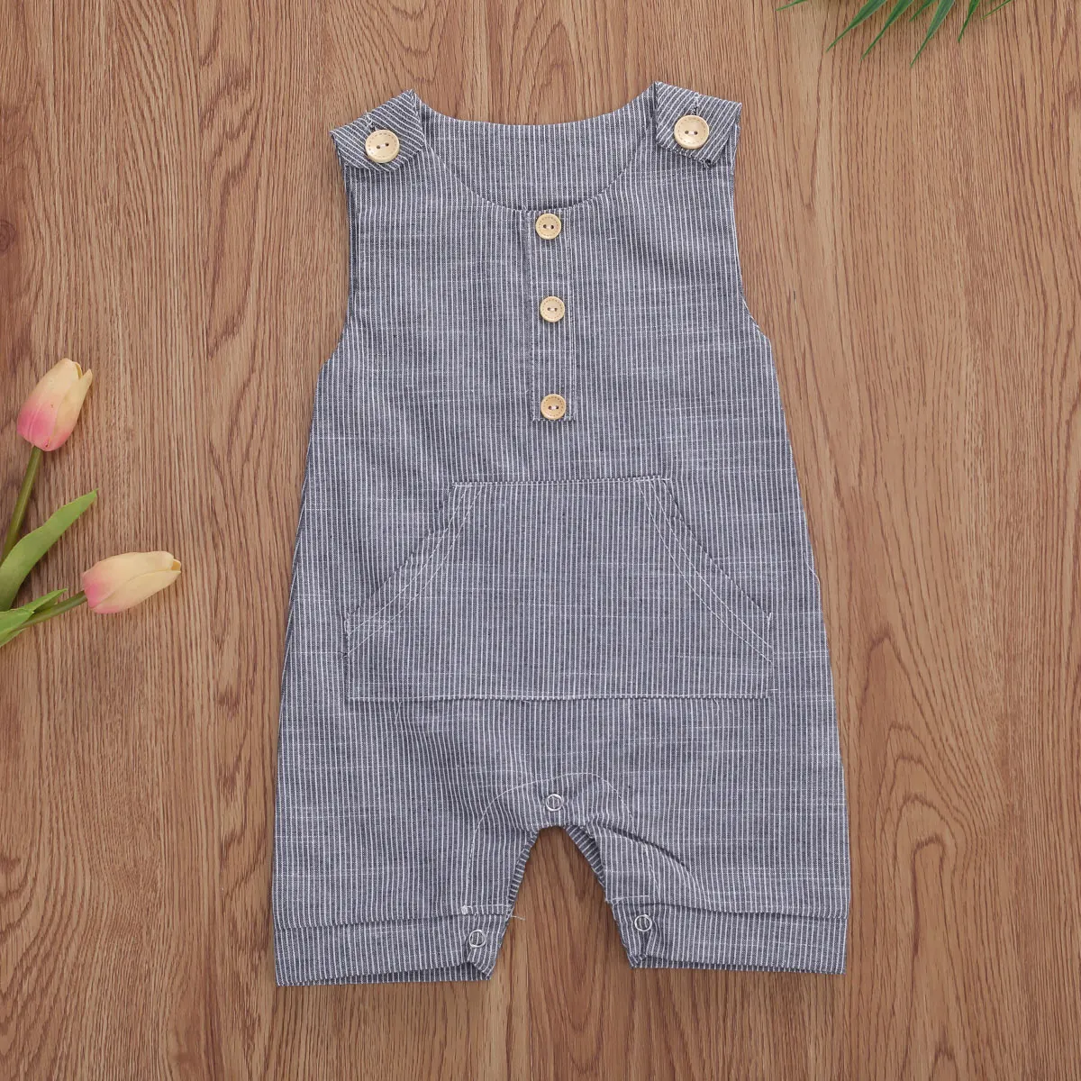 2020 התינוק קיץ בגדי התינוק הנולד בנים כפתורים פסים רומפר אופנה שרוולים רומפר כותנה פשתן סרבל - 3