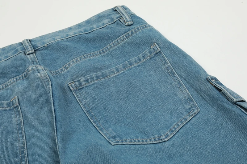 צבע מוצק שטף כחול ג ' ינס מכנסי גברים Harajuku נשים באגי אופנת רחוב כיסים במצוקה דנים מטען המכנסיים מכנסיים גדולים - 3