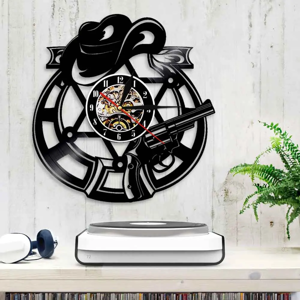 כובע אקדח התקליט ויניל שעון קיר וינטג ' לעיצוב הבית קאובוי קיר בעיצוב 3D קיר שעון שעון מתנה קאובוי המאהב - 3