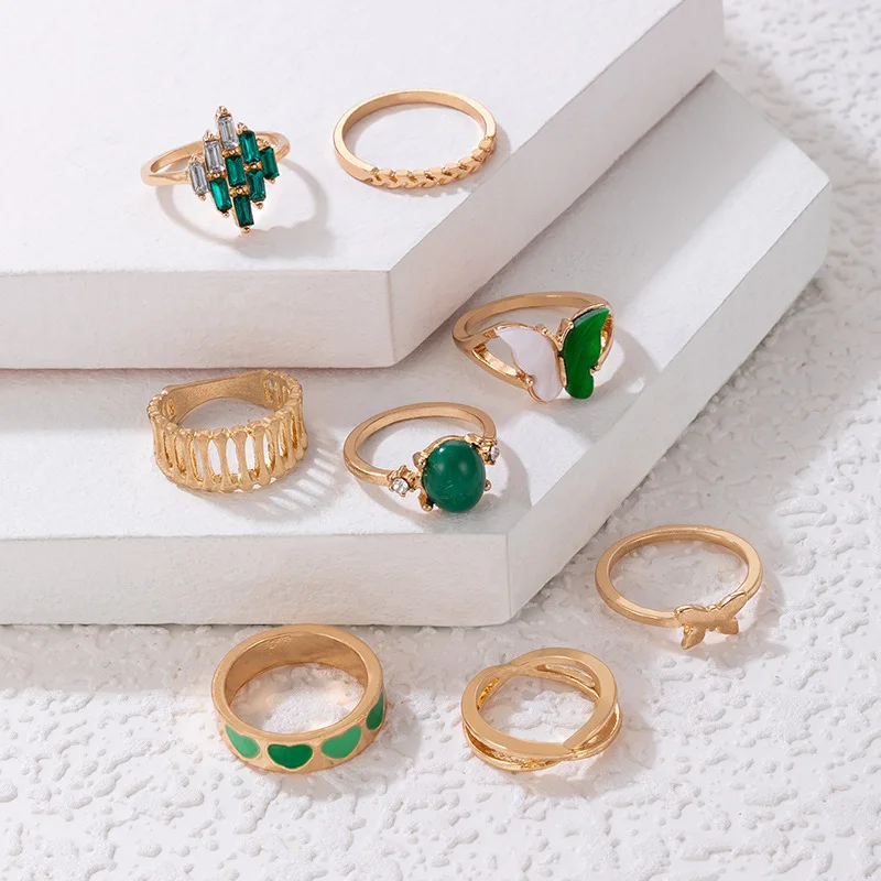 גיאומטריות ירוק אופל פרפר טבעת אצבע להגדיר 8pcs צבע זהב 2023 אופנתי תכשיטים מתנה סגסוגת לב לחצות מפרק טבעות Anillo - 3