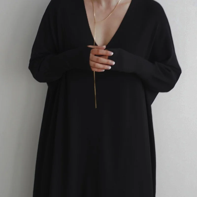 Kuzuwata יפן עצלן סגנון רך פשוט לסרוג את השמלה רופף זמן Vestidos דה Mujer אלגנטי צוואר V פנס שרוול מושך פאטאל החלוק - 4