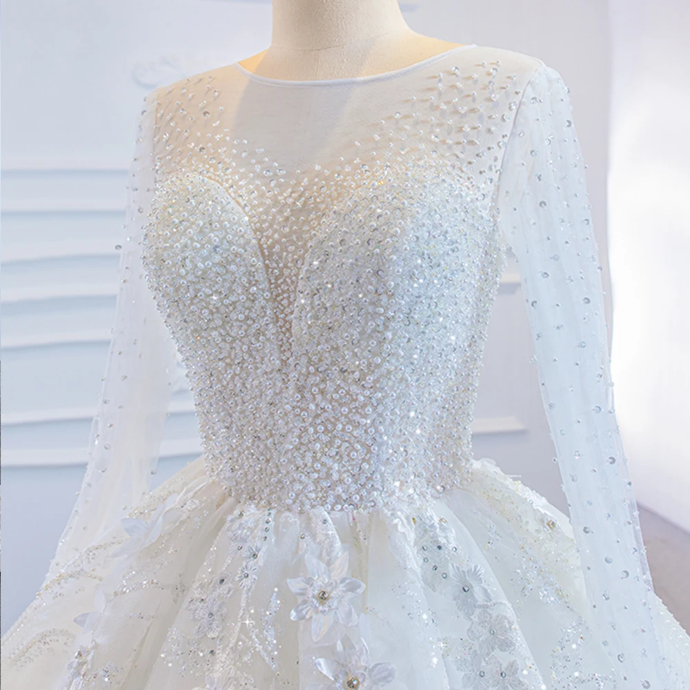 O-צוואר שרוול ארוך מלא חרוזים קריסטל, נצנצים גוף 3D פרחים חצאית מבריק מהמם שמלת נשף שמלת החתונה Vestido De Noiva - 4