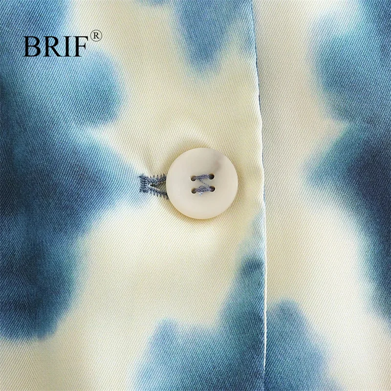 BRIF נשים אופנה כחול סאטן מודפס בלייזר עם דש צווארון עם שרוולים ארוכים דש כיסים כפתור בחזית הג ' קט ליידי משרד המעיל - 4