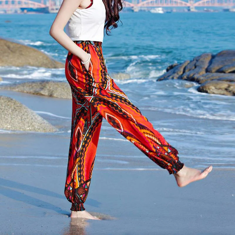 כותנה משי חוף מכנסיים נשים אתני תאילנדי מלאכותי כותנה חופשה מכנסיים רפויים הארון המכנסיים פנס מכנסיים פרח מכנסיים נקבה - 4