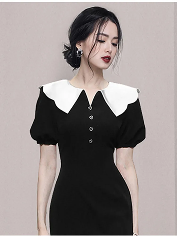 אופנה חדשה לנשים מזג בציר פנס שרוול קצר שמלת קיץ גבירותיי מותניים צרים אמצע אורך השמלה השחורה Vestidos - 4