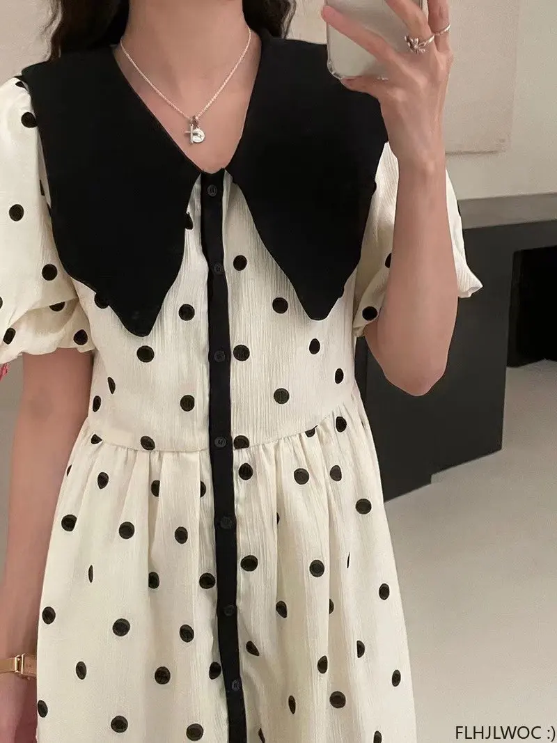 2023 שיק קוריאה אופנה בגדים נשיים Vestidos נשים אלגנטי משרד ליידי בציר יחיד עם חזה כפתור נקודה שחורה שמלת החולצה - 4