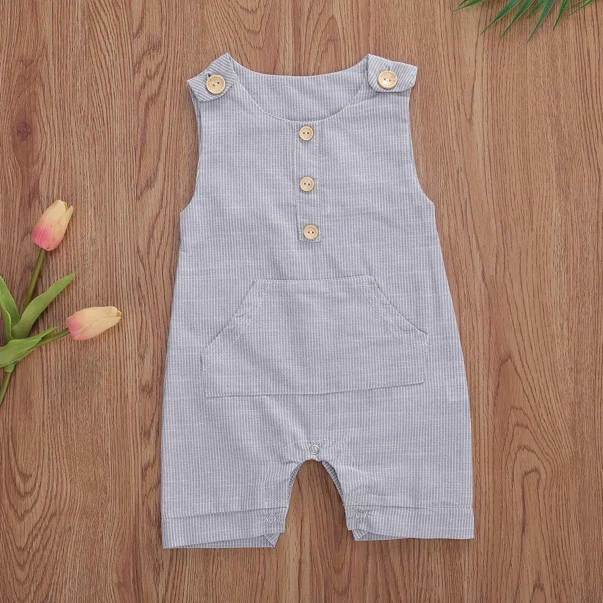 2020 התינוק קיץ בגדי התינוק הנולד בנים כפתורים פסים רומפר אופנה שרוולים רומפר כותנה פשתן סרבל - 4