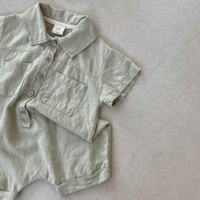 הקיץ ילדה סרבל מזדמן טלאים קצרות-שרוול סוודר כיס ילד תינוק נוח פשוט כותנה רומפר ילד תלבושות - 4