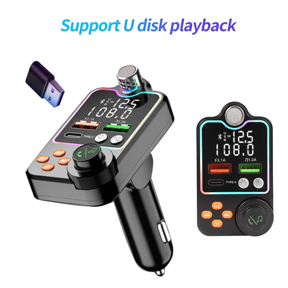 Bluetooth 5.0 הרכב משדר FM Dual USB מטען לרכב משטרת Type-C מהירות טעינה אלחוטית באמצעות דיבורית שיחה מקלט אודיו נגן MP3 - 5