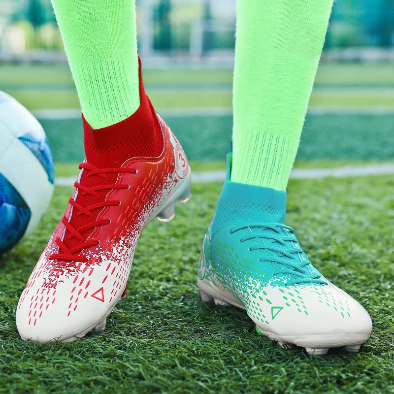 חדש גבוה למעלה גברים נעלי כדורגל שני טון FG/TF לשני המינים נעלי כדורגל ייחודי בעיצוב דשא אימון ילדים הקרסול כדורגל נעלי ספורט - 5