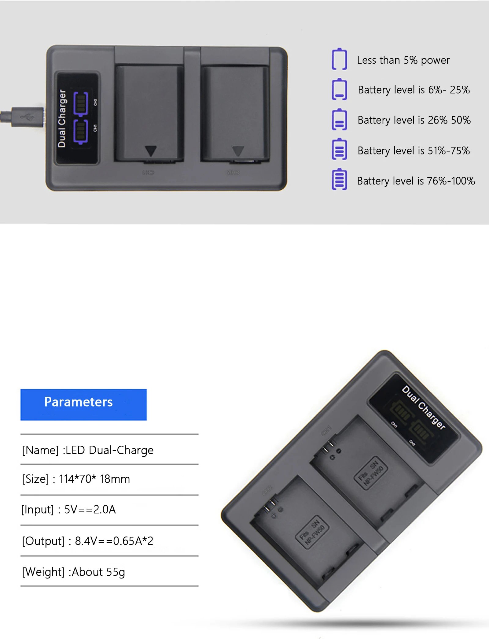 2000mAh NP-FW50 NP FW50 סוללה + USB LED כפול מטען עבור Sony ZV-E10, a7, a7R, a7RII, a7II, a7SII, a7S, a7RII, a6300, a6400 - 5
