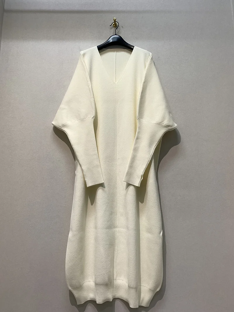Kuzuwata יפן עצלן סגנון רך פשוט לסרוג את השמלה רופף זמן Vestidos דה Mujer אלגנטי צוואר V פנס שרוול מושך פאטאל החלוק - 5