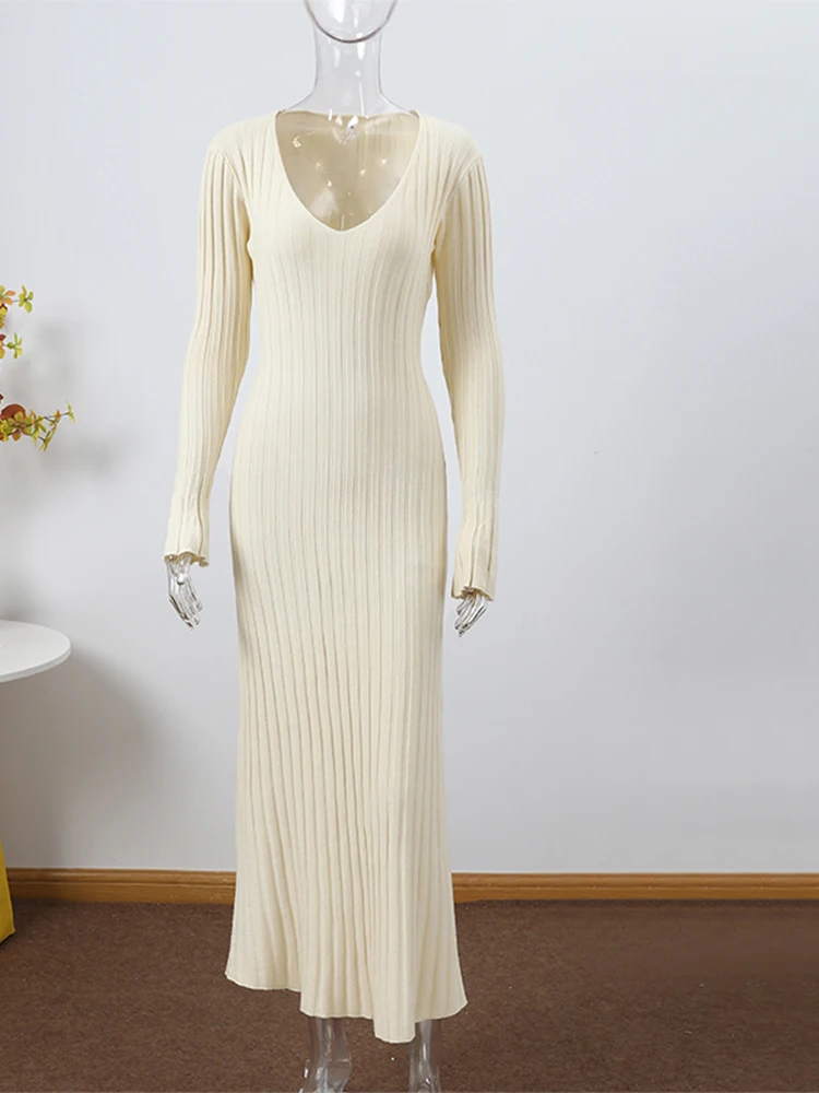 אלגנטי V-צוואר לסרוג שמלות נשים 2022 סתיו מוצק ארוך בחיתולים שרוול התחבושת מזדמנים שמלת מקסי נשית רזה המשרד Vestidos - 5