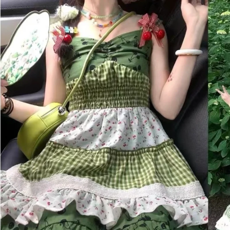 Hikigawa 2023 הדובדבן המתוקות הדפסה נשים שמלות סלים שרוולים Vestido De Mujer כל התאמה טלאים ניגודיות צבע השמלה - 5