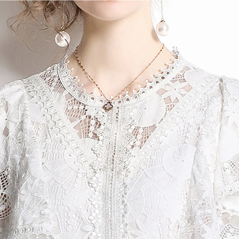 הקיץ יוקרה חדש שרוול פרפר לבן תחרה שמלות Midi עבור נשים ו-צווארון מעצב חלול החוצה רקמה אופנה שמלה - 5