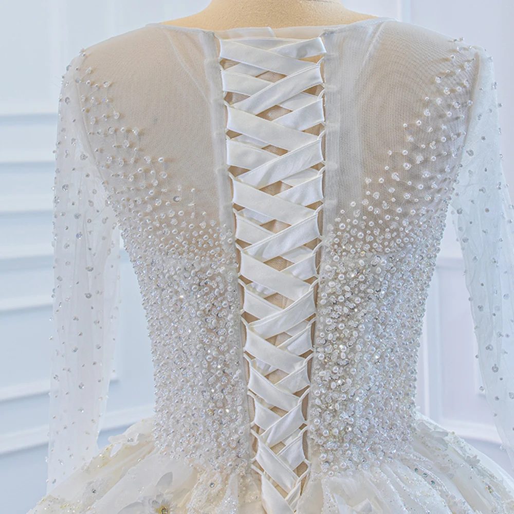 O-צוואר שרוול ארוך מלא חרוזים קריסטל, נצנצים גוף 3D פרחים חצאית מבריק מהמם שמלת נשף שמלת החתונה Vestido De Noiva - 5