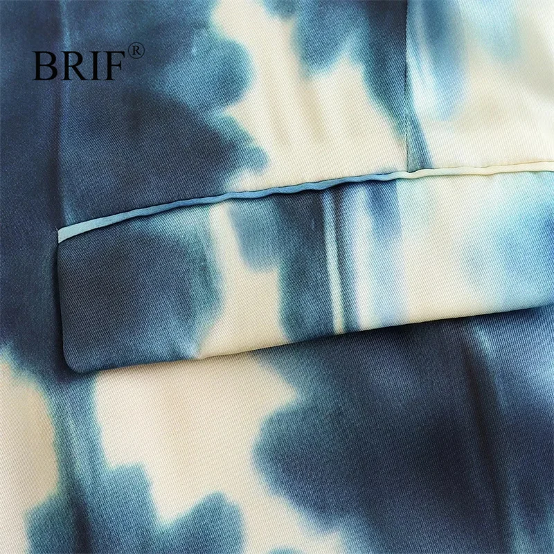 BRIF נשים אופנה כחול סאטן מודפס בלייזר עם דש צווארון עם שרוולים ארוכים דש כיסים כפתור בחזית הג ' קט ליידי משרד המעיל - 5