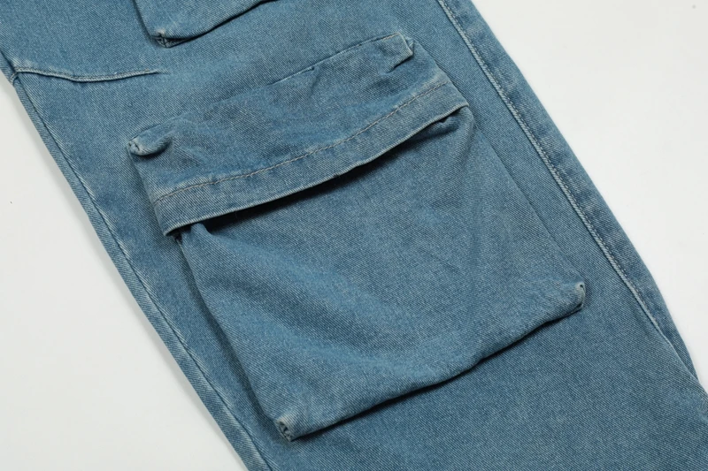 צבע מוצק שטף כחול ג ' ינס מכנסי גברים Harajuku נשים באגי אופנת רחוב כיסים במצוקה דנים מטען המכנסיים מכנסיים גדולים - 5