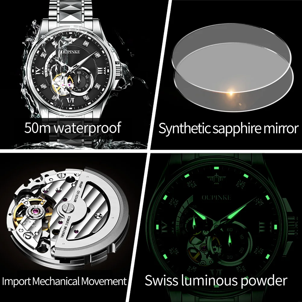 מותג העסק OUPINKE אוטומטיים מכאניים שעונים לגברים מיובאים שוויצרי תנועה יוקרה גלגל תנופה חלול רבותיי שעון היד - 5