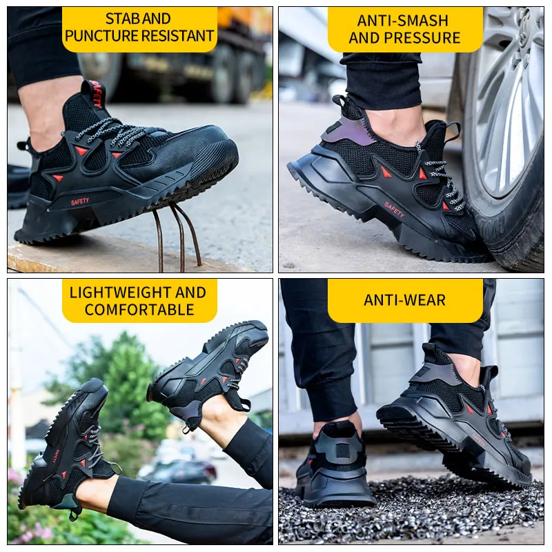 ניתן להריסה סאטן נעלי גברים פלדה עבודה מגפי בטיחות החלקה לנשימה לדקור הוכחה קל משקל נוח נעלי עבודה - 5