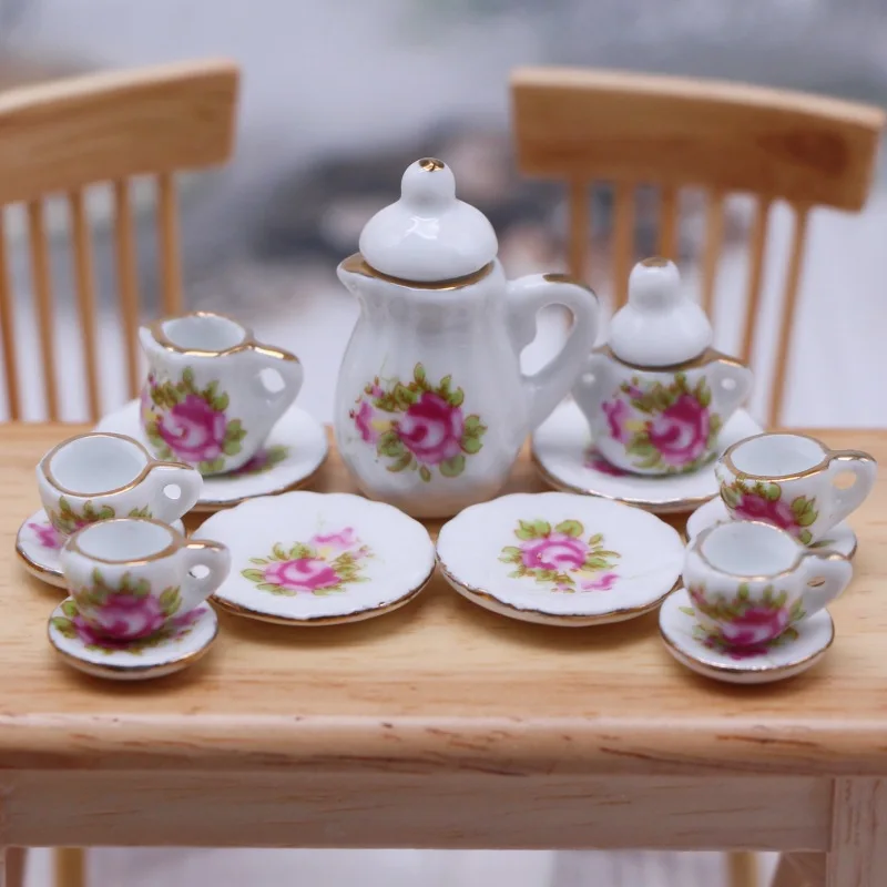 15Pcs 1:12 מיניאטורות חרסינה כוס תה להגדיר פרח שולחן מטבח, רהיטים של בית בובות צעצועים לילדים ספלי תה הבובות. - 5