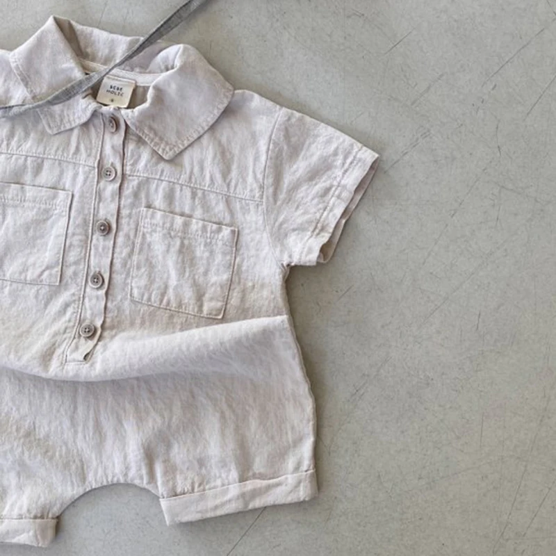 הקיץ ילדה סרבל מזדמן טלאים קצרות-שרוול סוודר כיס ילד תינוק נוח פשוט כותנה רומפר ילד תלבושות - 5